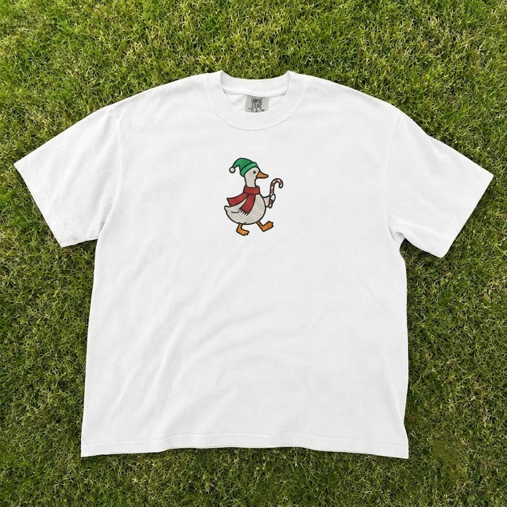 Cute Christmas Goose with Candy Cane Embroidered Tee CT-0095