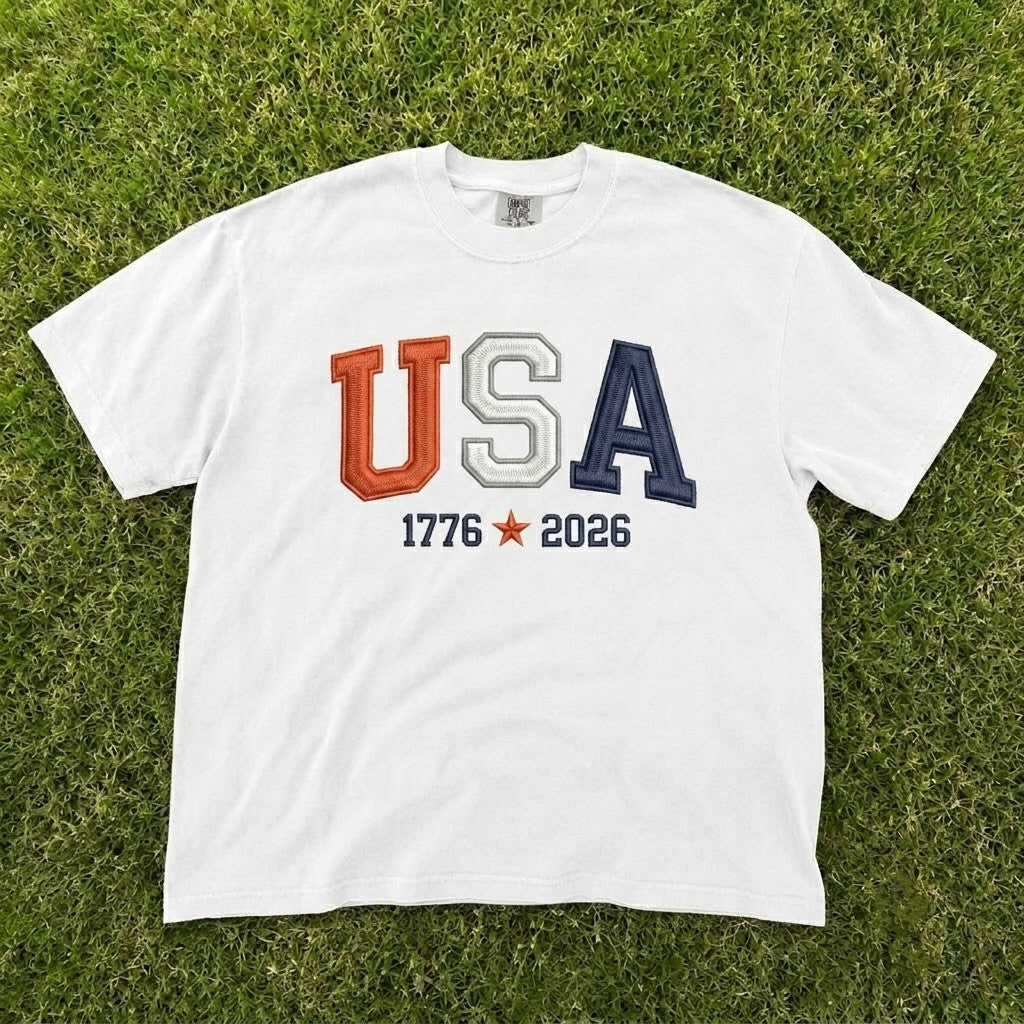 USA 1776 2026 RETRO COLLEGIATE PATRIOTIC EMBROIDERED TEE CT-0058