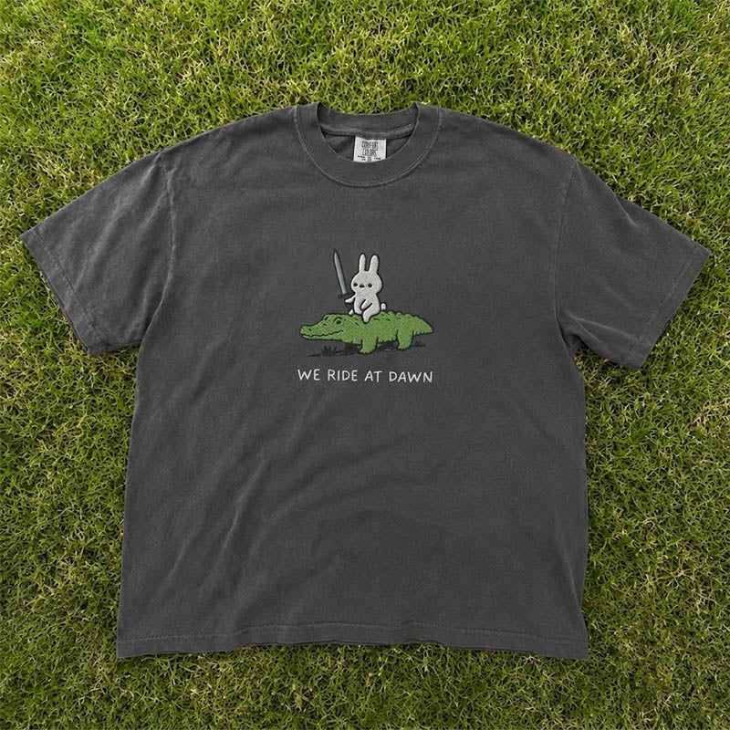 WE RIDE AT DAWN T-SHIRT, BUNNY AND ALLIGATOR EMBROIDERED TEE HHUE - 023