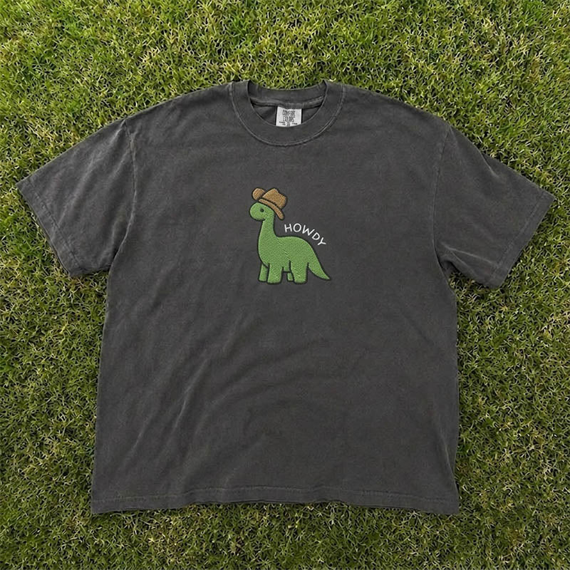 HOWDY DINOSAUR COWBOY EMBROIDERED TEE HHUE - 029