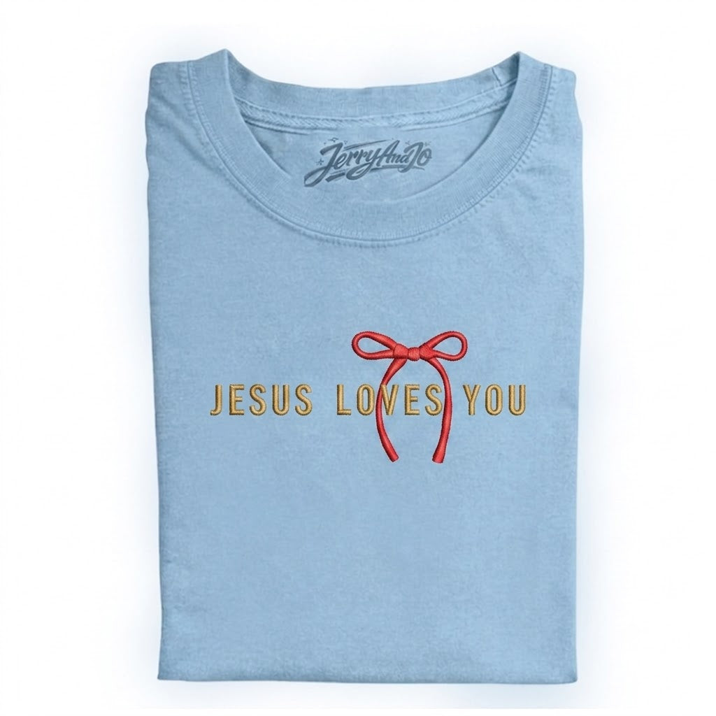 JESUS LOVES YOU COQUETTE BOW EMBROIDERED TEE CT-0047
