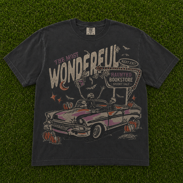 SPOOKY BOOK LOVER TEE | RETRO SKELETON CAR T-SHIRT AV-00110