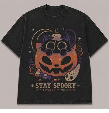 STAY SPOOKY BLACK CAT PUMPKIN HALLOWEEN T-SHIRT AV-00164