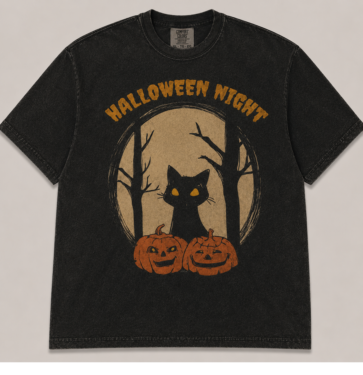 HALLOWEEN NIGHT BLACK CAT PUMPKIN VINTAGE HALLOWEEN T-SHIRT AV-00157