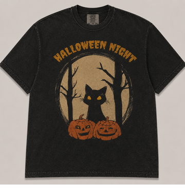 HALLOWEEN NIGHT BLACK CAT PUMPKIN VINTAGE HALLOWEEN T-SHIRT AV-00157