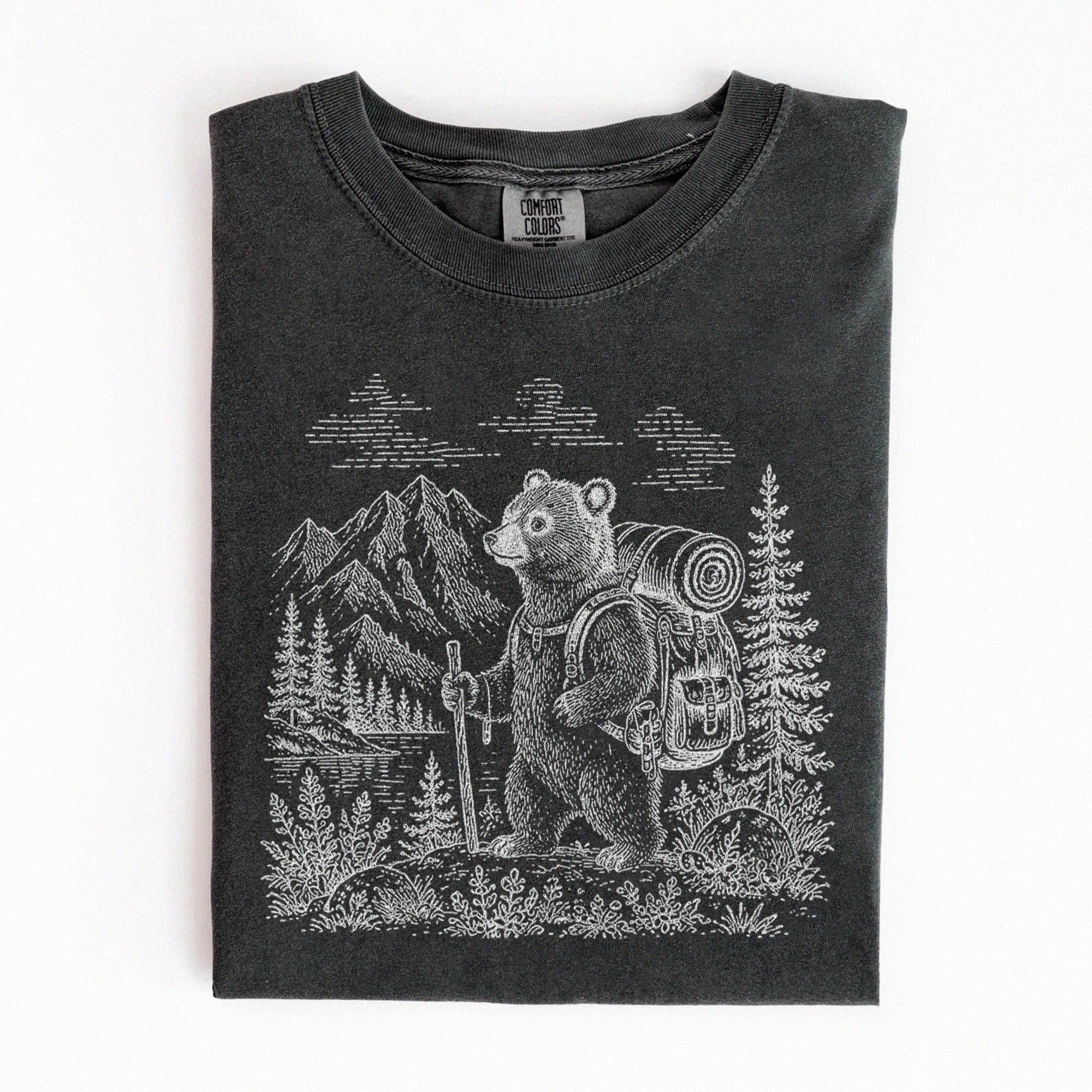 HIKING BEAR TEE - WOODLAND ADVENTURE CAMPING SHIRT HHUE - 100
