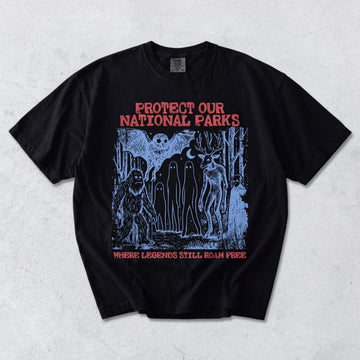 Cryptid National Parks Tshirt, Protect Our Parks Vintage Camping Hiking Tee, Retro Fantasy Creatures B-00134