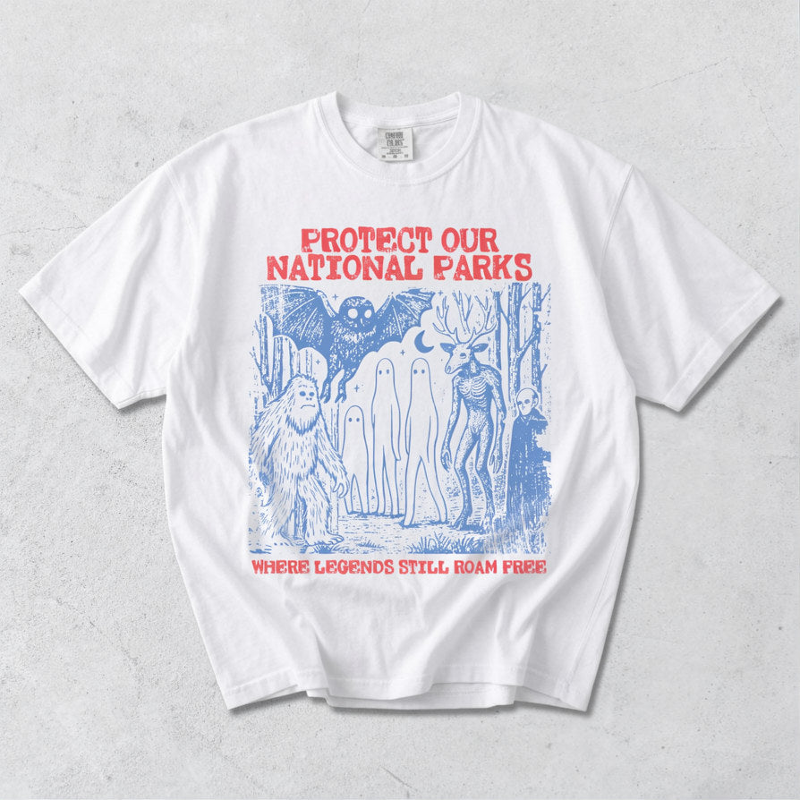Cryptid National Parks Tshirt, Protect Our Parks Vintage Camping Hiking Tee, Retro Fantasy Creatures B-00134