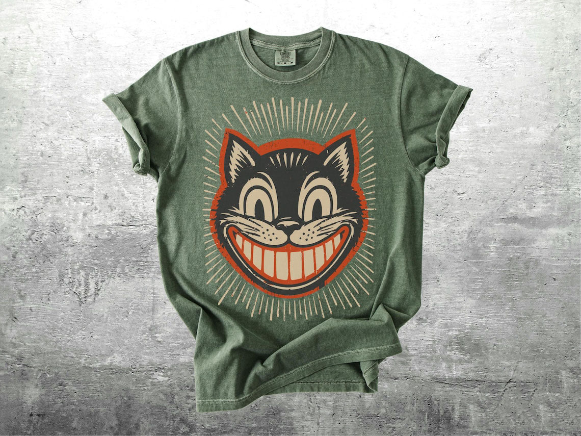 Retro Cat Smiley T-shirt, Unisex Clothing, Y2k Grunge Cat Comfort Colors T-shirt B-00150