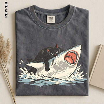 Fat Cat Vs Shark Shirt, Meme Hilarious Cat Riding Shark Funny Ocean T-Shirt AK-094