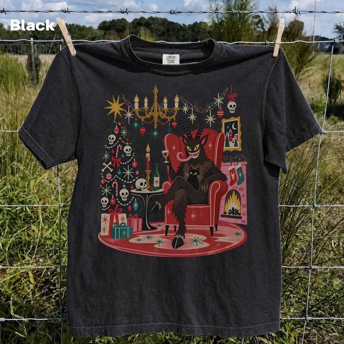 Vintage Krampus Christmas 90s Graphic Tee, Retro Gothic Holiday Demon Cat Shirt B-00198