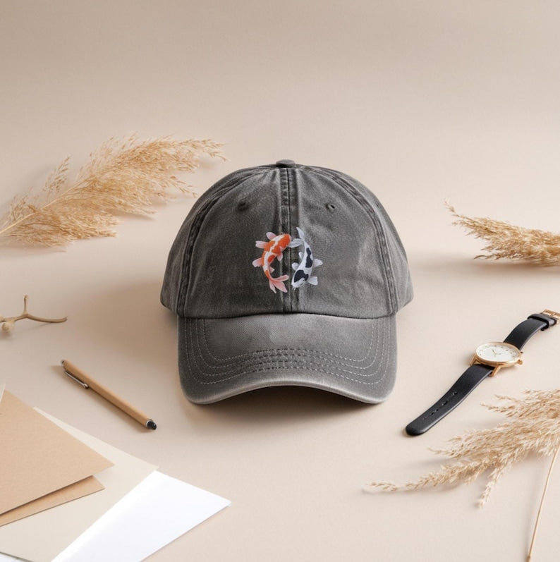 YIN YANG KOI FISH EMBROIDERED WASHED DAD CAP  QB-06