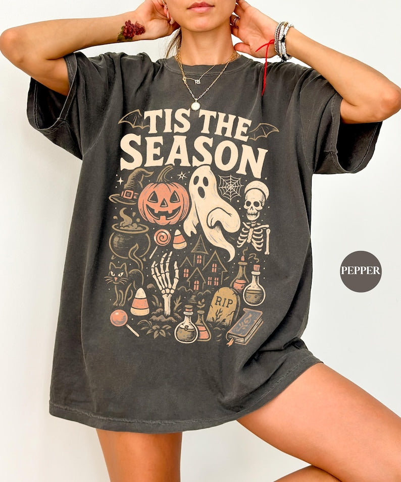 RETRO 'TIS THE SEASON SKELETON PUMPKIN GHOST HALLOWEEN TSHIRT BT-00204