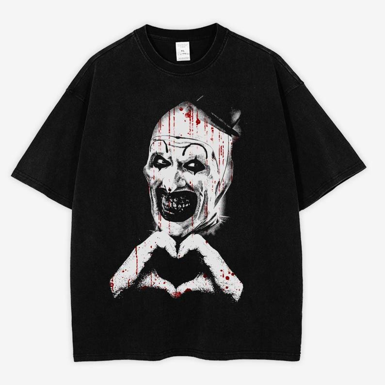 ART THE CLOWN TERRIFIER SHIRT, SCARY HORROR CLOWN TEE, CREEPY HEART HANDS T-SHIRT TR-00282