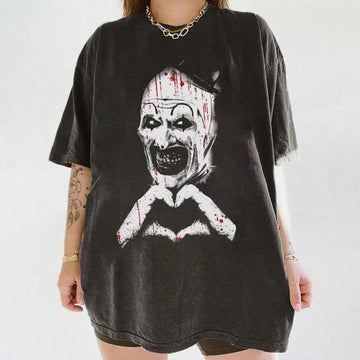 ART THE CLOWN TERRIFIER SHIRT, SCARY HORROR CLOWN TEE, CREEPY HEART HANDS T-SHIRT TR-00282