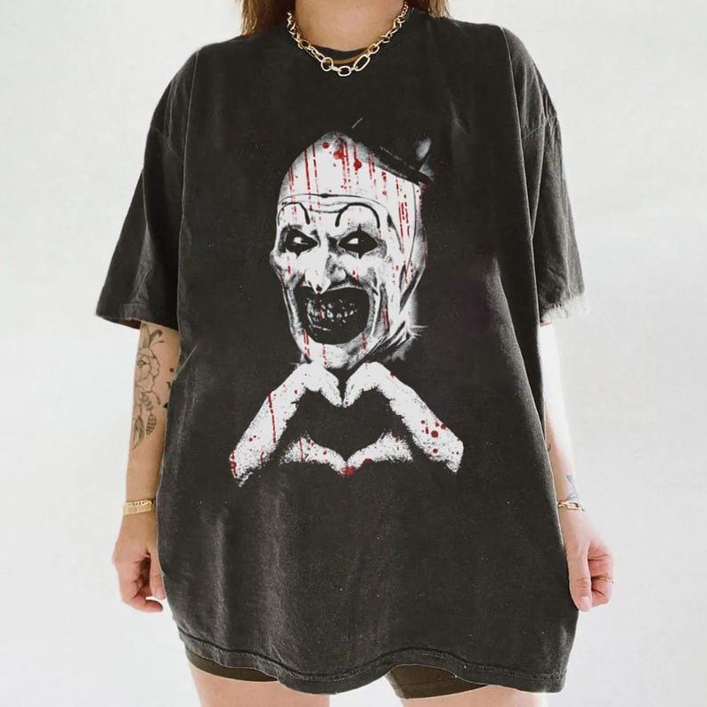 ART THE CLOWN TERRIFIER SHIRT, SCARY HORROR CLOWN TEE, CREEPY HEART HANDS T-SHIRT TR-00282