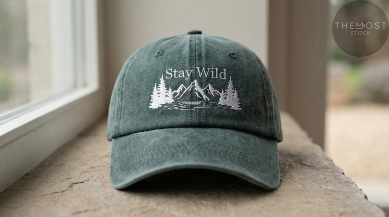 MINIMAL OUTDOOR BASEBALL HAT, UNISEX CAMPING HAT, STAY WILD EMBROIDERED HAT – MOUNTAIN & PINE TREE CAP QB-03