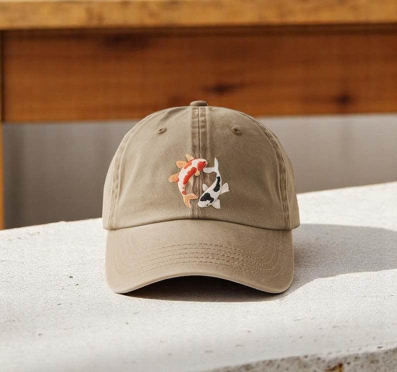 YIN YANG KOI FISH EMBROIDERED WASHED DAD CAP  QB-06