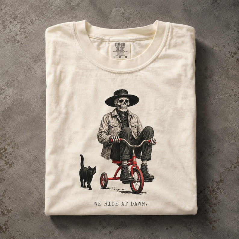 VINTAGE SKELETON GRAPHIC TEE, WE RIDE AT DAWN BLACK CAT DARK HUMOR T-SHIRT TR-00254