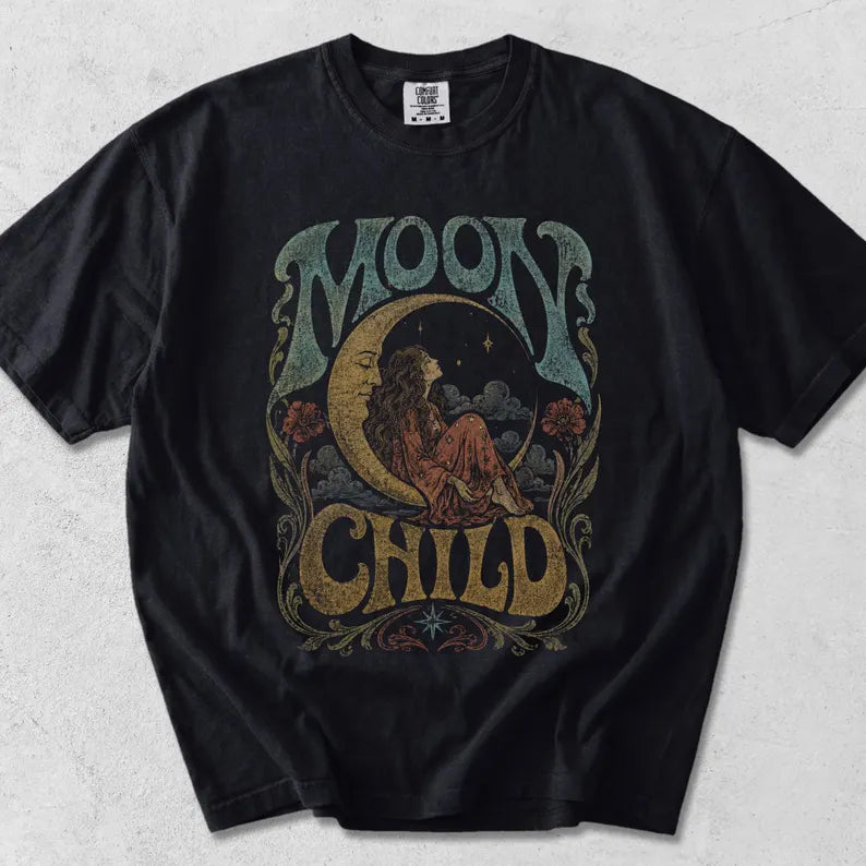 Moon Child Shirt, Celestial Boho Graphic Tee, Vintage Psychedelic Moon T Shirt, 70s Retro Hippie Tee, Mystical Shirt B-00207