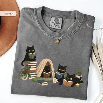 BLACK CAT READING SHIRT HHUE - 102