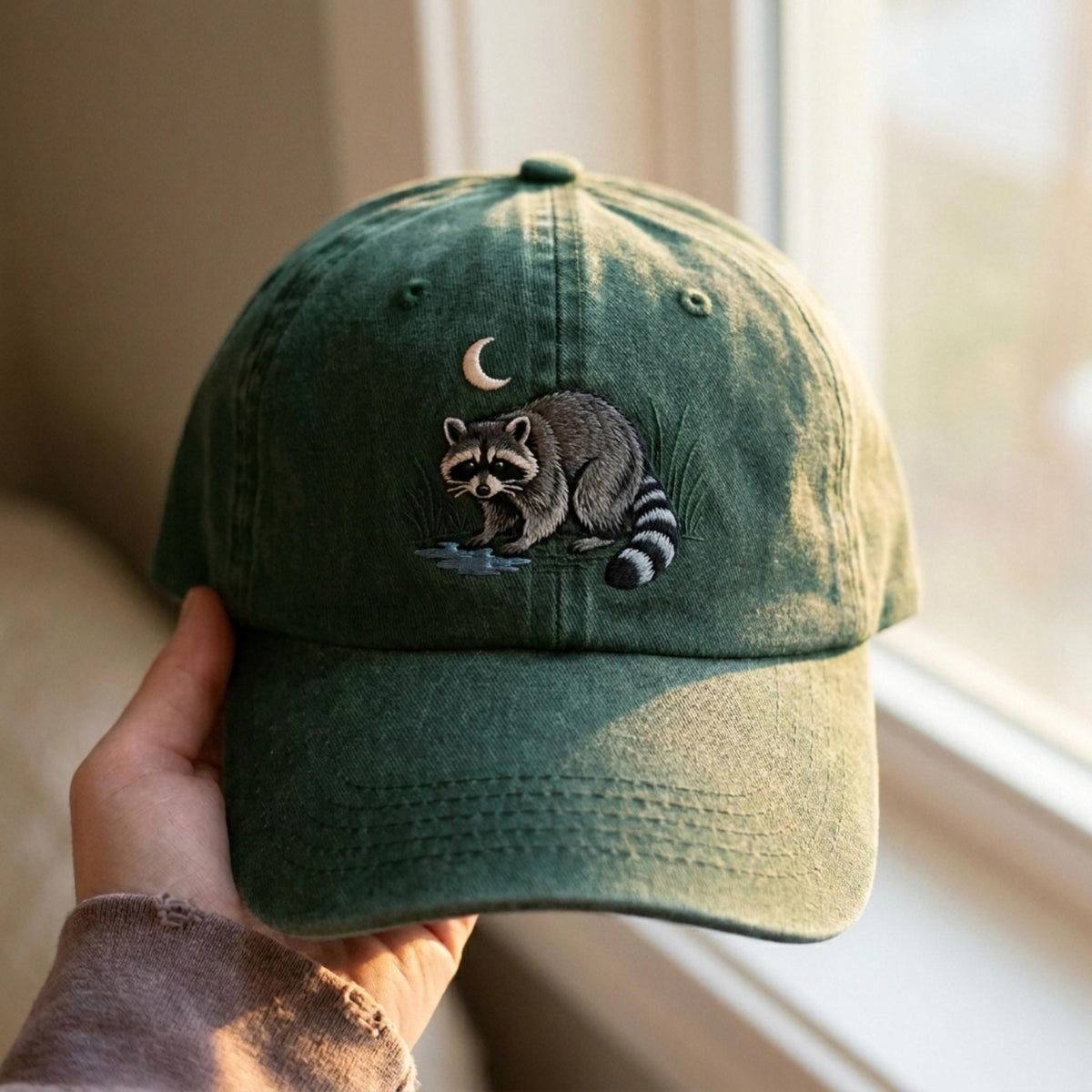 Embroidered Raccoon Moon Cotton Baseball Cap TK - 0080