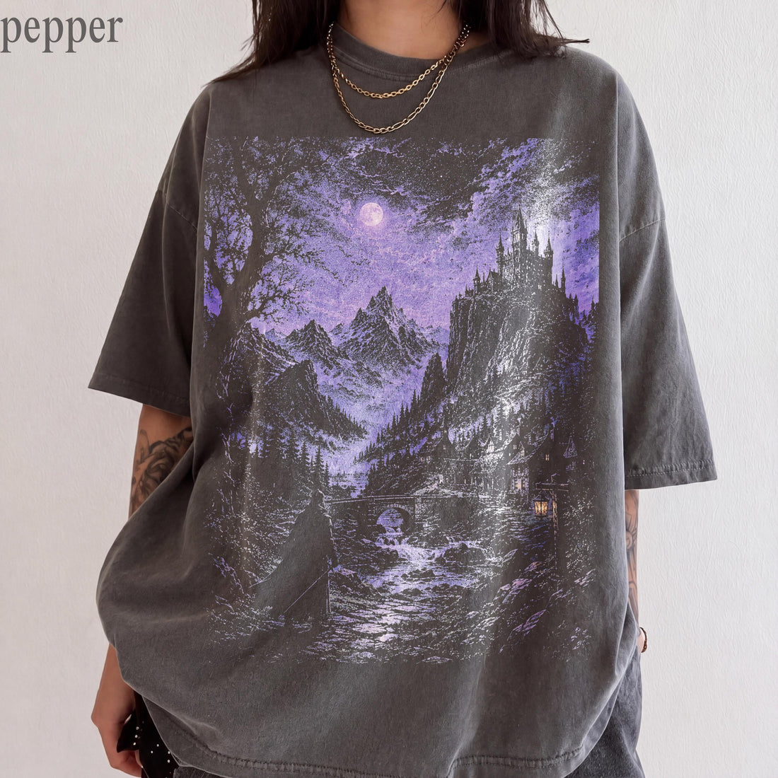 Dark Fantasy Castle Shirt, Gothic Moonlit Landscape Tee, Dark Academia Graphic T Shirt, Medieval Kingdom Comfort Colors Shirt, Friend Gift Son-0319