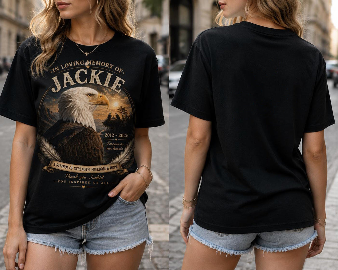 In Loving Memory Eagle Memorial T-Shirt, Jackie Tribute Shirt, Eagle Memorial Shirt, Sympathy Gift, Remembrance Shirt, Forever in Our Hearts Son-03450