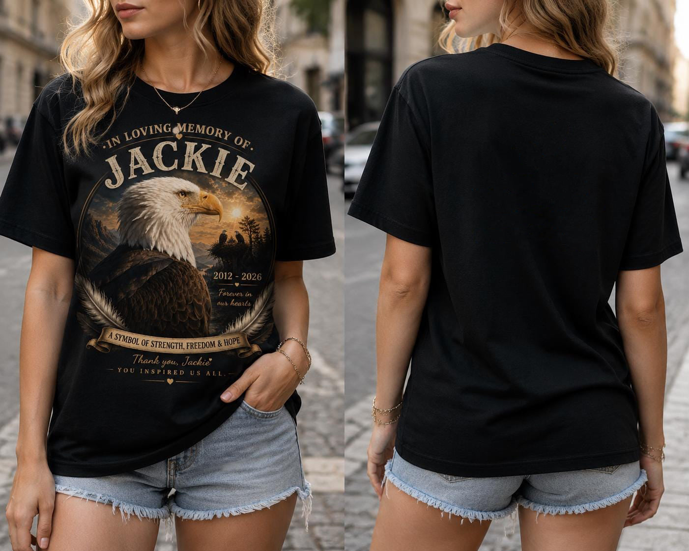In Loving Memory Eagle Memorial T-Shirt, Jackie Tribute Shirt, Eagle Memorial Shirt, Sympathy Gift, Remembrance Shirt, Forever in Our Hearts Son-03450