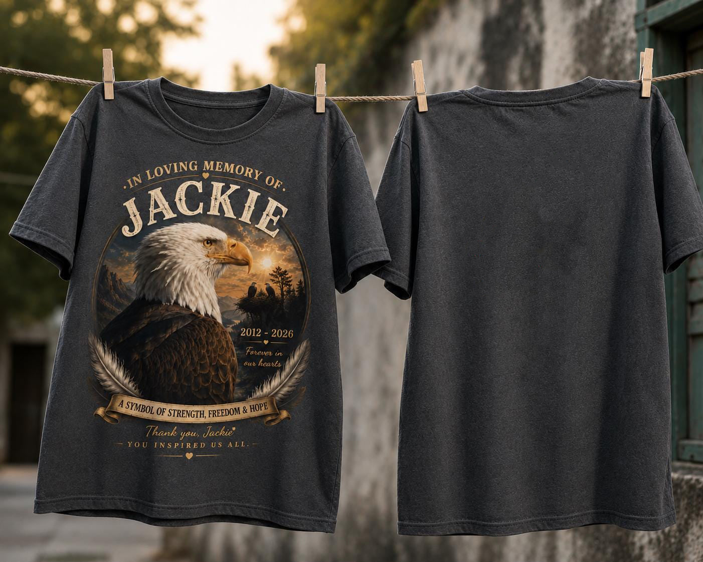In Loving Memory Eagle Memorial T-Shirt, Jackie Tribute Shirt, Eagle Memorial Shirt, Sympathy Gift, Remembrance Shirt, Forever in Our Hearts Son-03450