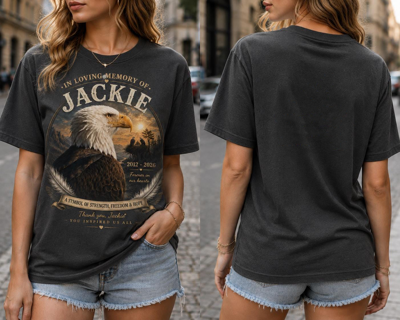 In Loving Memory Eagle Memorial T-Shirt, Jackie Tribute Shirt, Eagle Memorial Shirt, Sympathy Gift, Remembrance Shirt, Forever in Our Hearts Son-03450