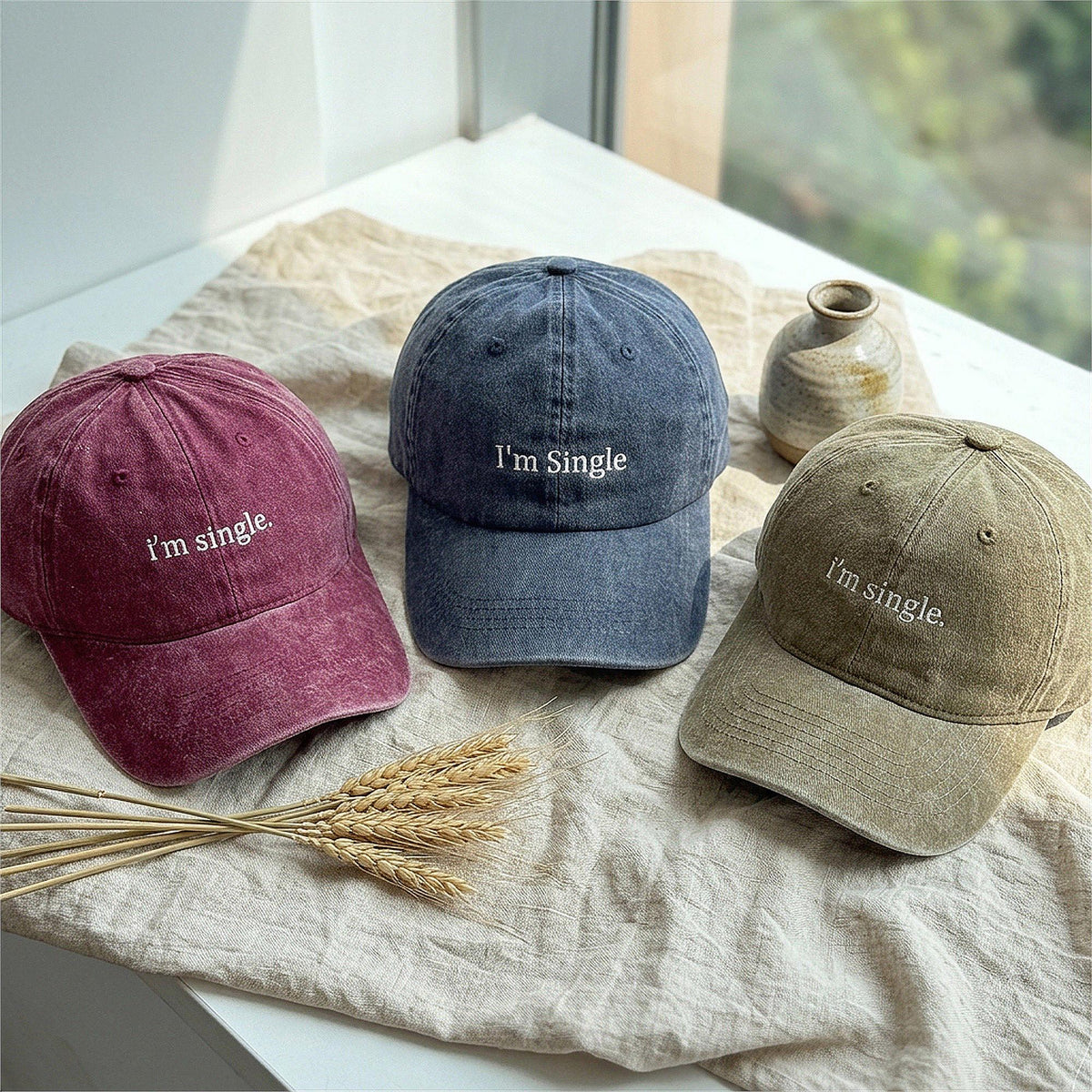 I'm Single Embroidered Washed Cotton Baseball Cap TK-0002