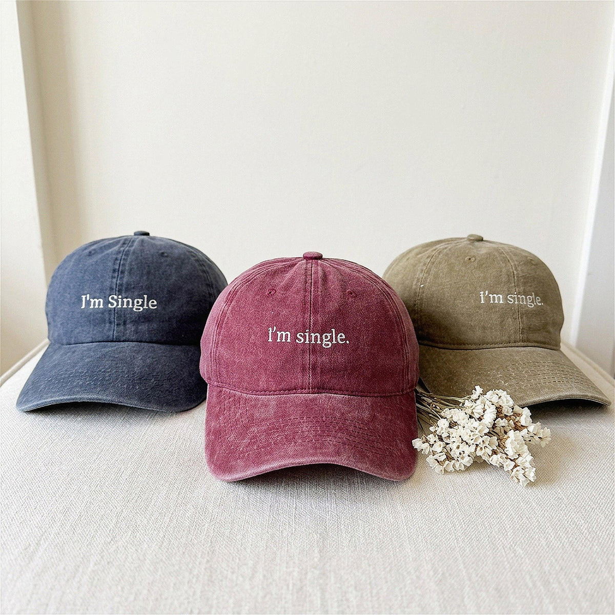 I'm Single Embroidered Washed Cotton Baseball Cap TK-0002