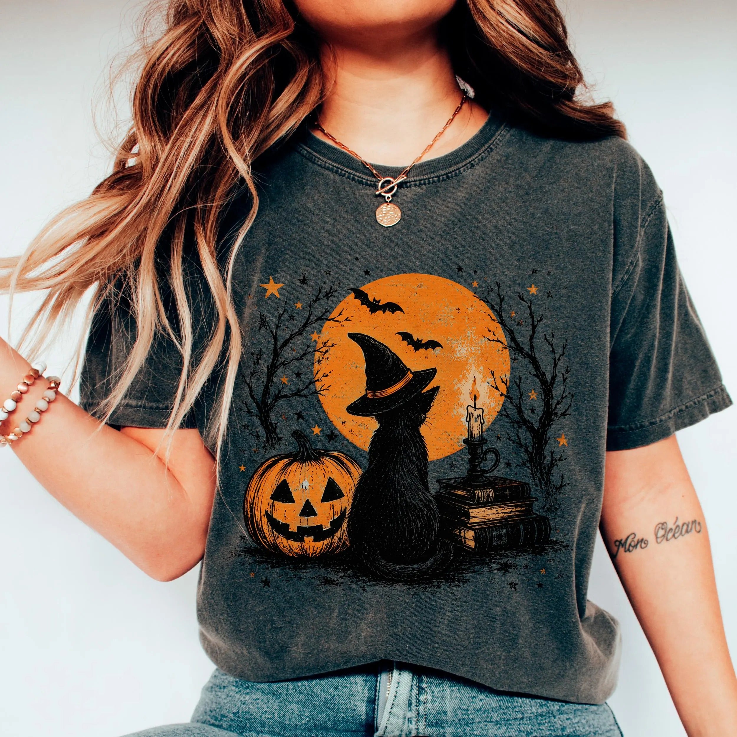 VINTAGE BLACK CAT HALLOWEEN SHIRT, WITCH CAT GRAPHIC BT-00238