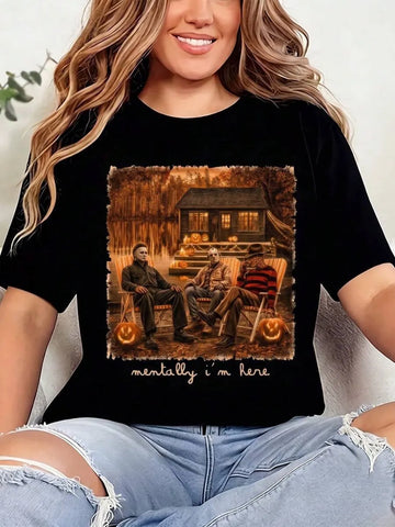 MENTALLY I'M HERE HORROR SHIRT, VINTAGE HALLOWEEN SLASHER TEE, MICHAEL MYERS JASON FREDDY T-SHIRT, RETRO CAMP CRYSTAL LAKE GRAPHIC TEE LL - 0306