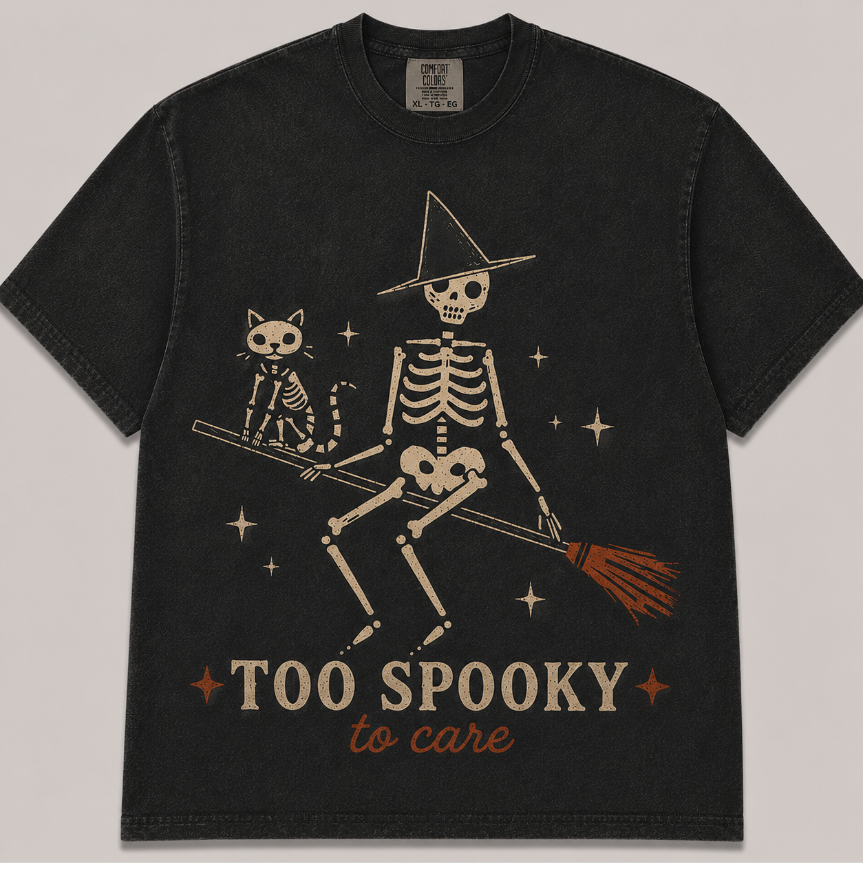 TOO SPOOKY TO CARE SKELETON WITCH CAT HALLOWEEN T-SHIRT AV-00155