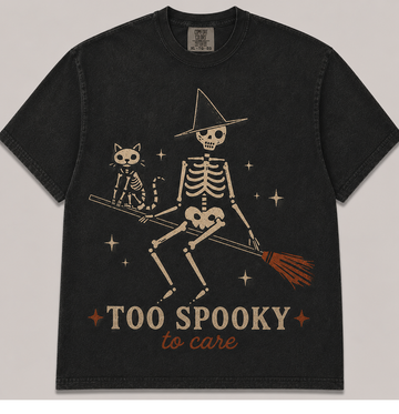 TOO SPOOKY TO CARE SKELETON WITCH CAT HALLOWEEN T-SHIRT AV-00155