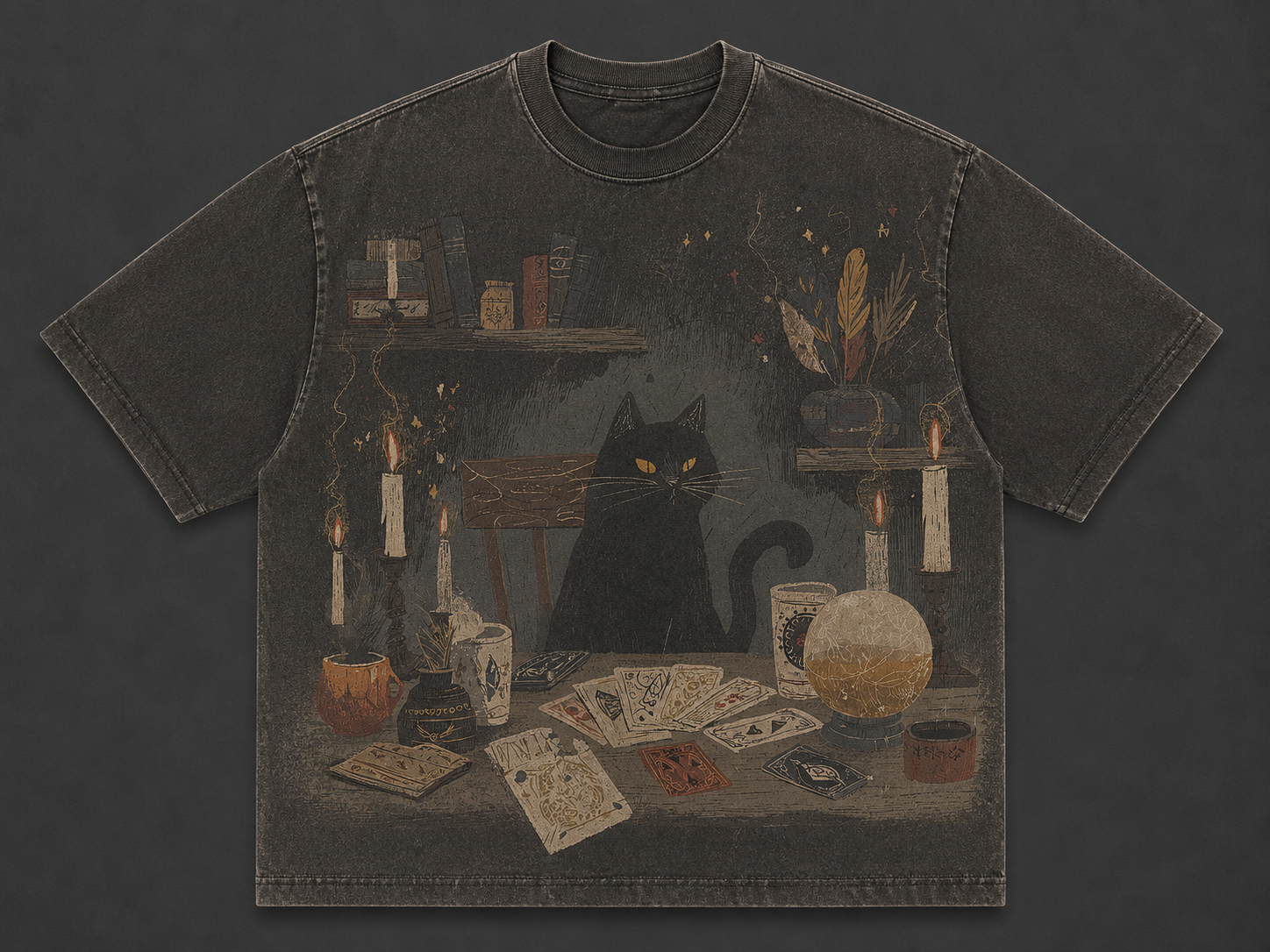 MYSTIC BLACK CAT TAROT VINTAGE HALLOWEEN WITCHY GRAPHIC TEE AV-00200