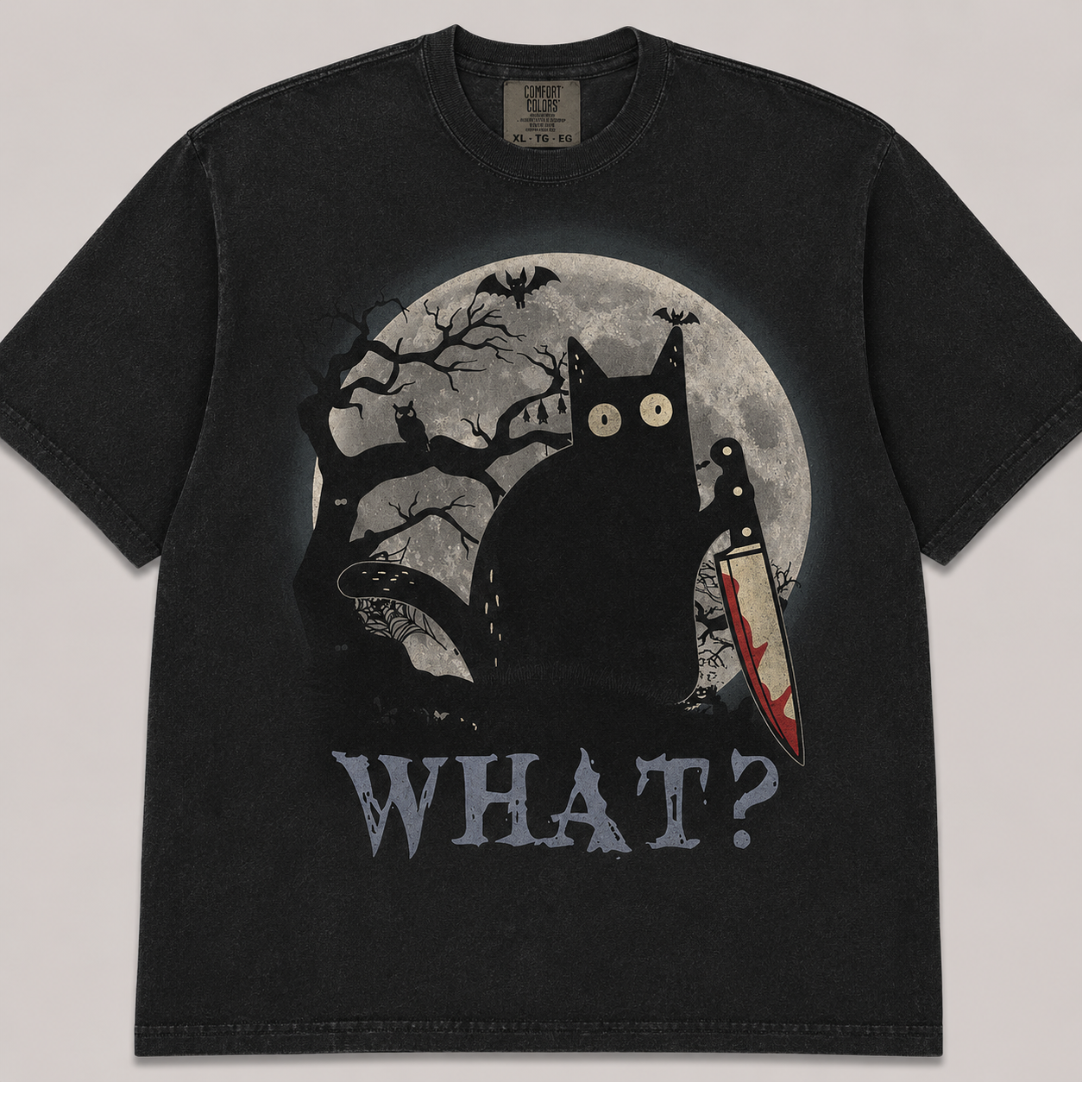 WHAT? BLACK CAT HORROR HALLOWEEN T-SHIRT AV-00154