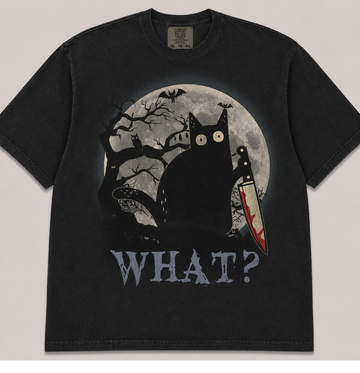 WHAT? BLACK CAT HORROR HALLOWEEN T-SHIRT AV-00154
