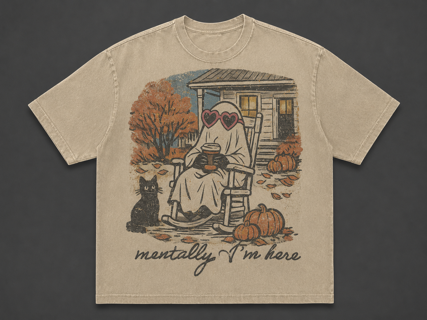 MENTALLY I'M HERE CUTE GHOST VINTAGE HALLOWEEN FALL TEE AV-00196