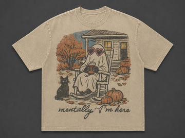 MENTALLY I'M HERE CUTE GHOST VINTAGE HALLOWEEN FALL TEE AV-00196