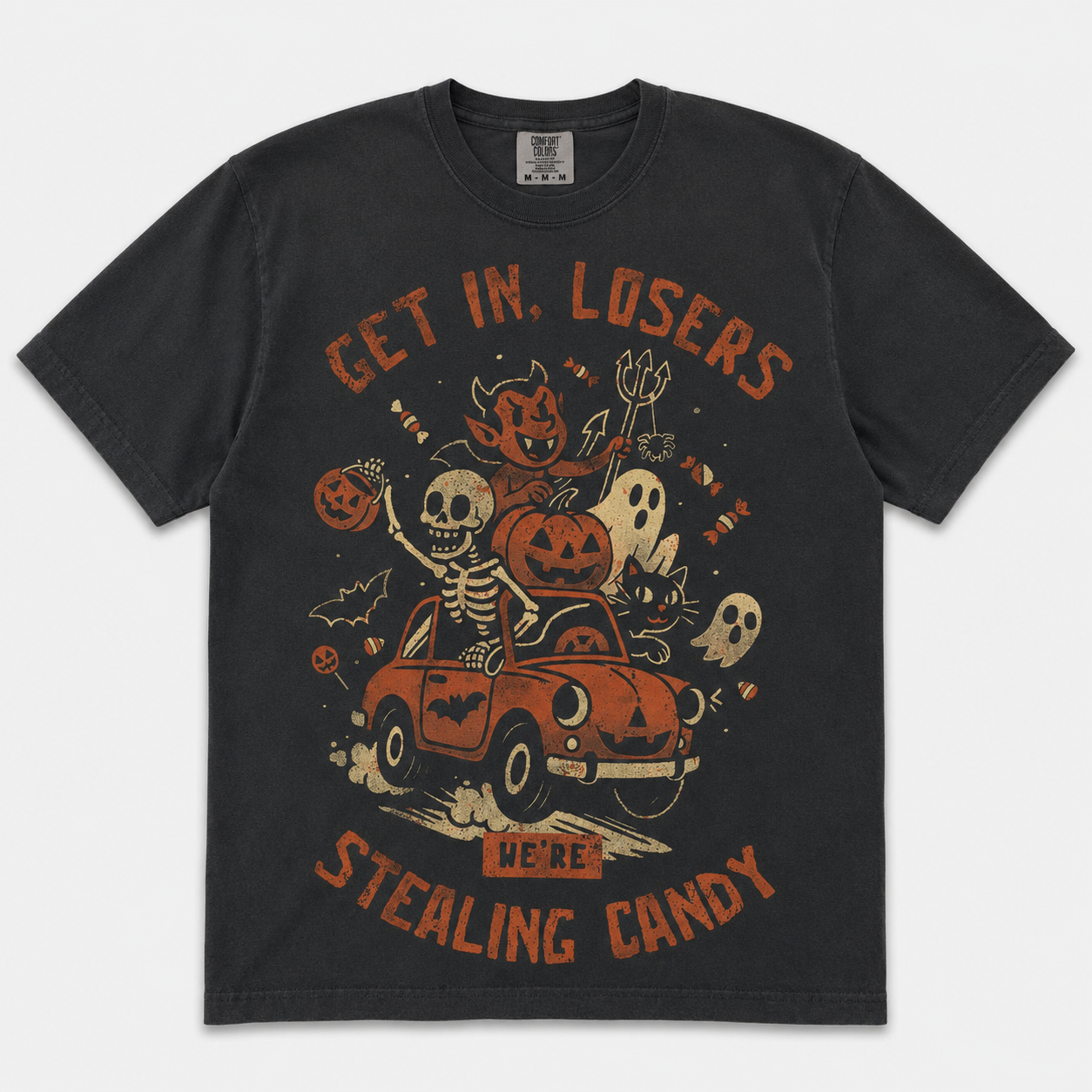 RETRO SKELETON PUMPKIN CAR T-SHIRT AV-00114