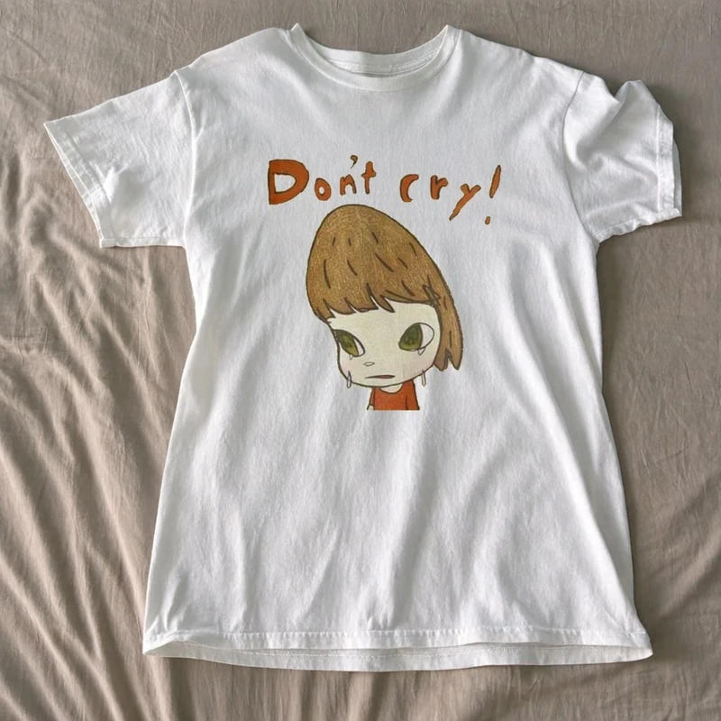YOSHITOMO NARA “DON’T CRY” GIRL GRAPHIC T-SHIRT WHITE/S, CUTE MINIMAL CARTOON TEE BT-0080