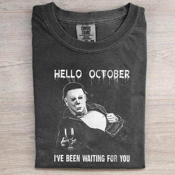 HELLO OCTOBER SHIRT, MICHAEL MYERS WINE TEE, FUNNY HALLOWEEN SHIRT LL - 0194