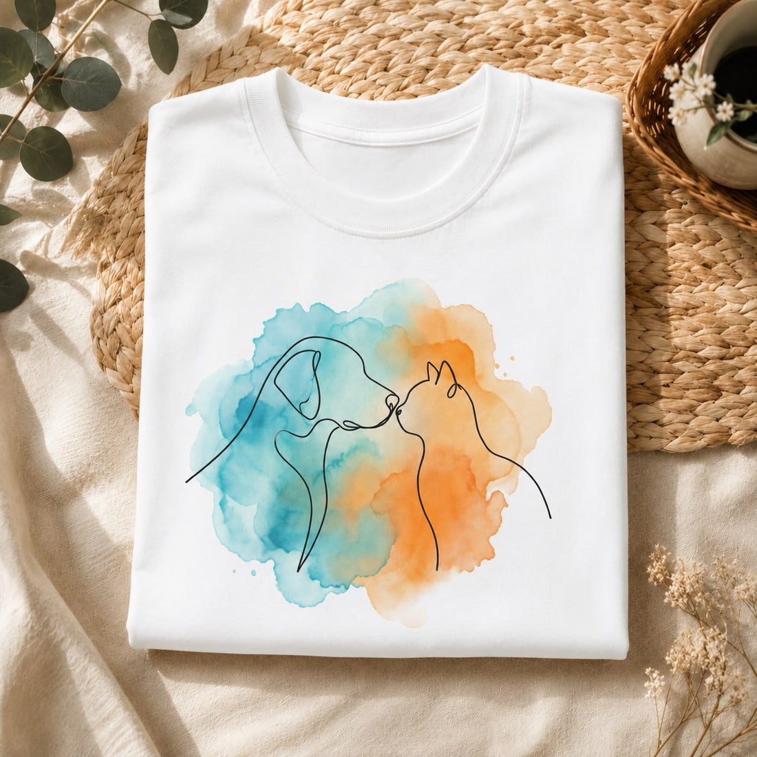DOG AND CAT LINE ART SHIRT | WATERCOLOR PET LOVER TEE  LL - 0183