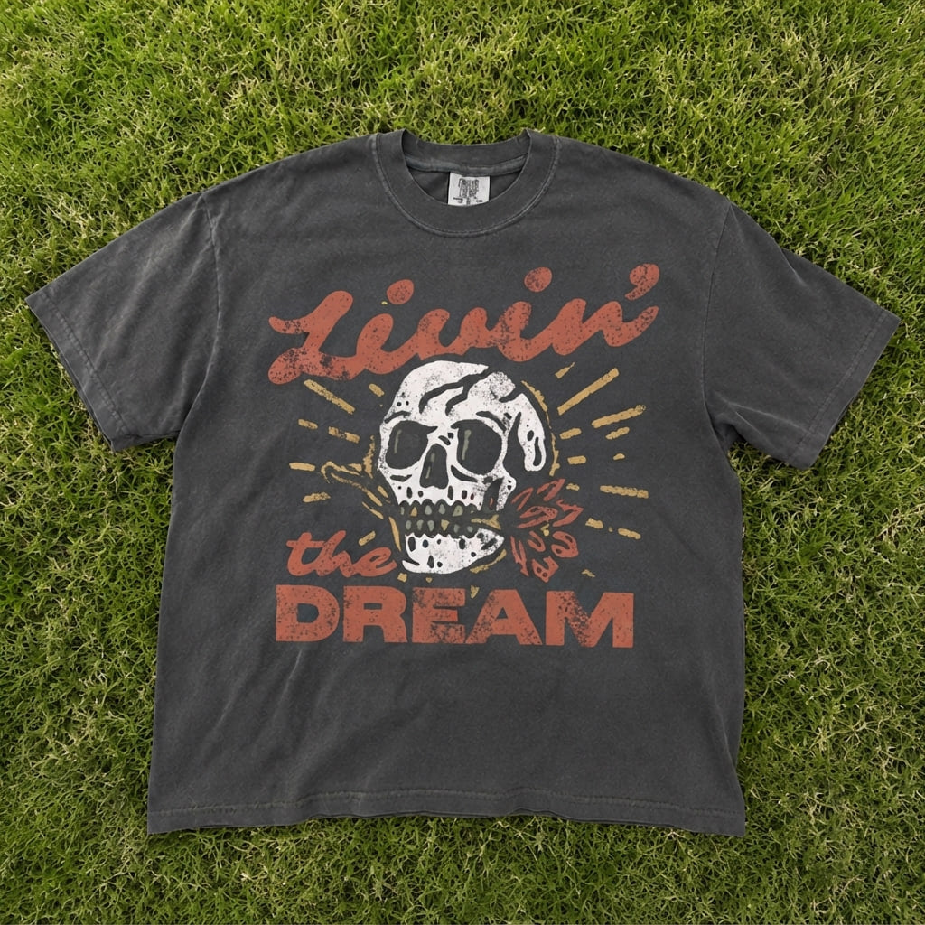 Livin' the Dream T-Shirt, Vintage Distressed Skull Shirt, Oversized Retro Grunge T-Shirt AK-079