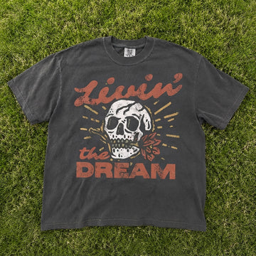 Livin' the Dream T-Shirt, Vintage Distressed Skull Shirt, Oversized Retro Grunge T-Shirt AK-079