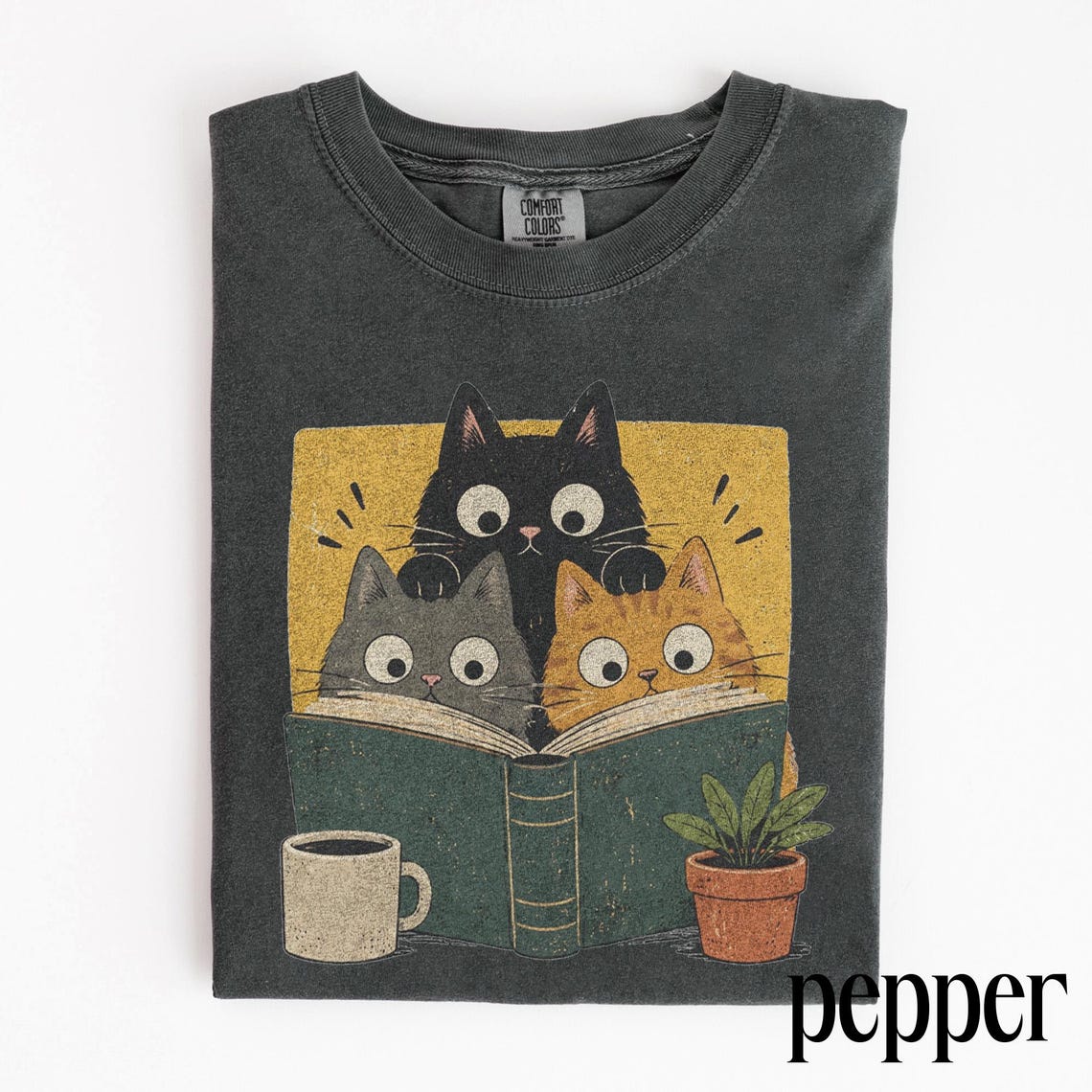Retro Curious Reading Cats Graphic Tee, Book Lover Cat Shirt, Cozy Cottagecore Vintage Top T-Shirt AK-098