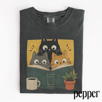 Retro Curious Reading Cats Graphic Tee, Book Lover Cat Shirt, Cozy Cottagecore Vintage Top T-Shirt AK-098